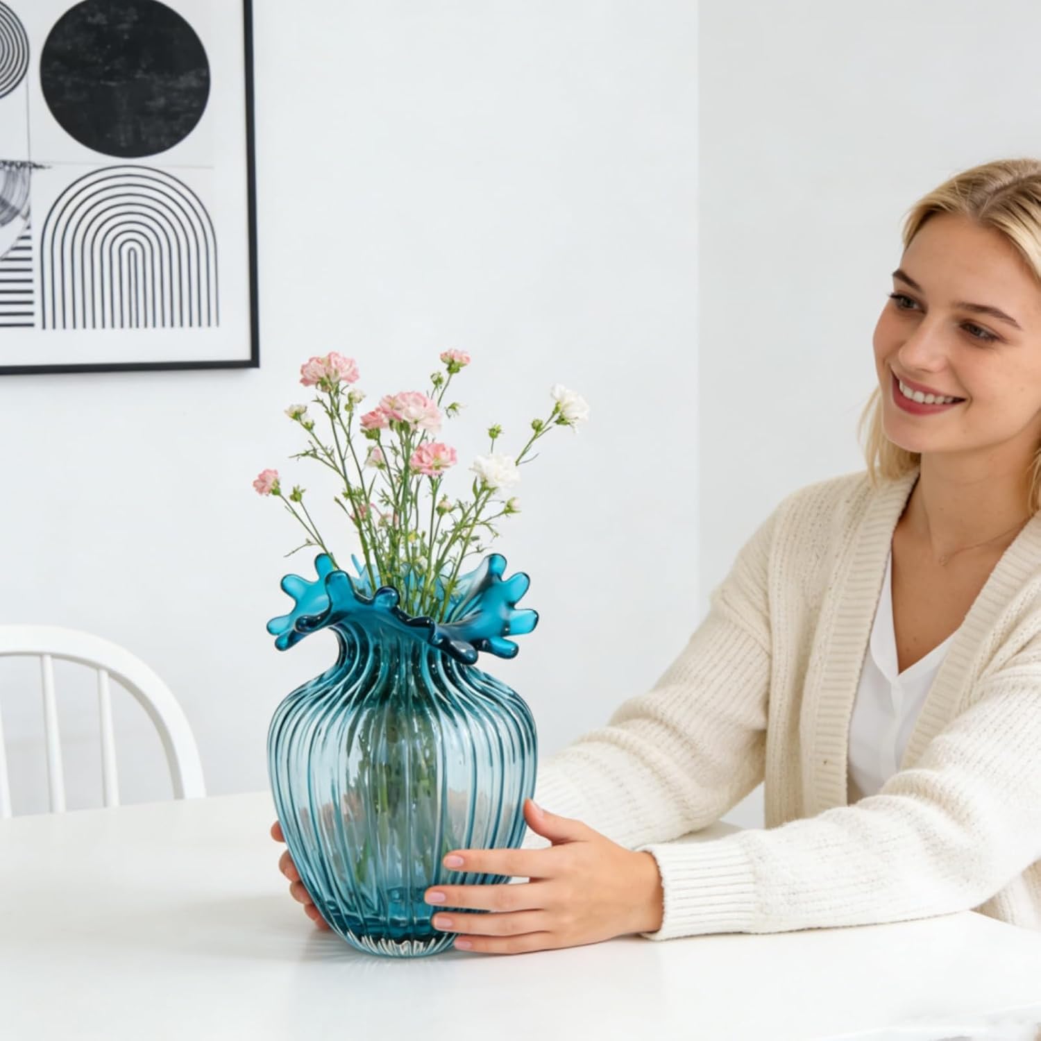 Bubble-Rim Blown Glass Vase — Blue