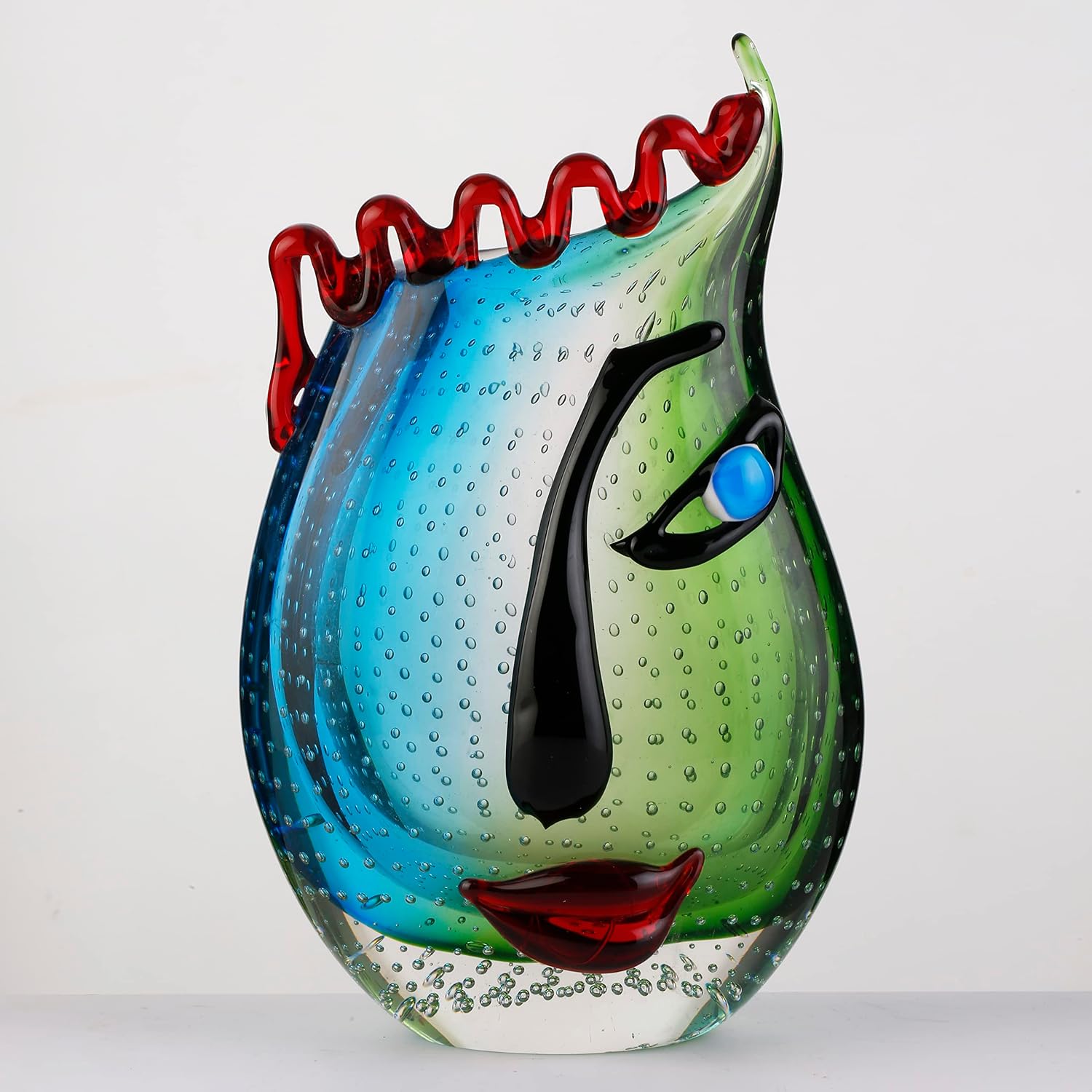 Face-Motif Art Glass Vase — Hand-Blown, Multicoloured