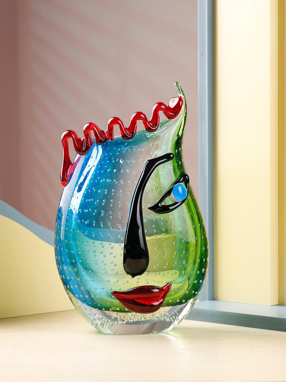 Face-Motif Art Glass Vase — Hand-Blown, Multicoloured
