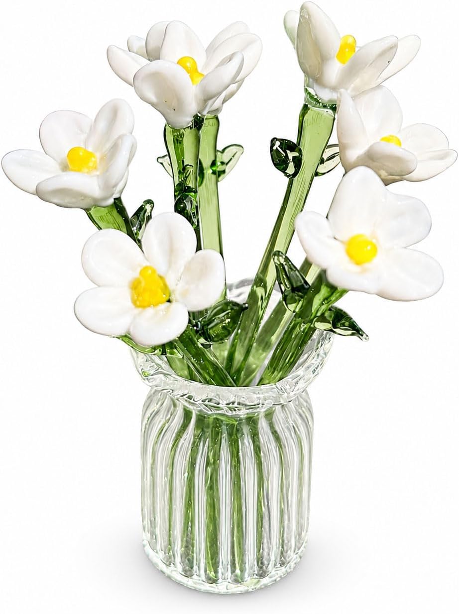 Glass Flower Bouquet with Vase — 7 Stems, White