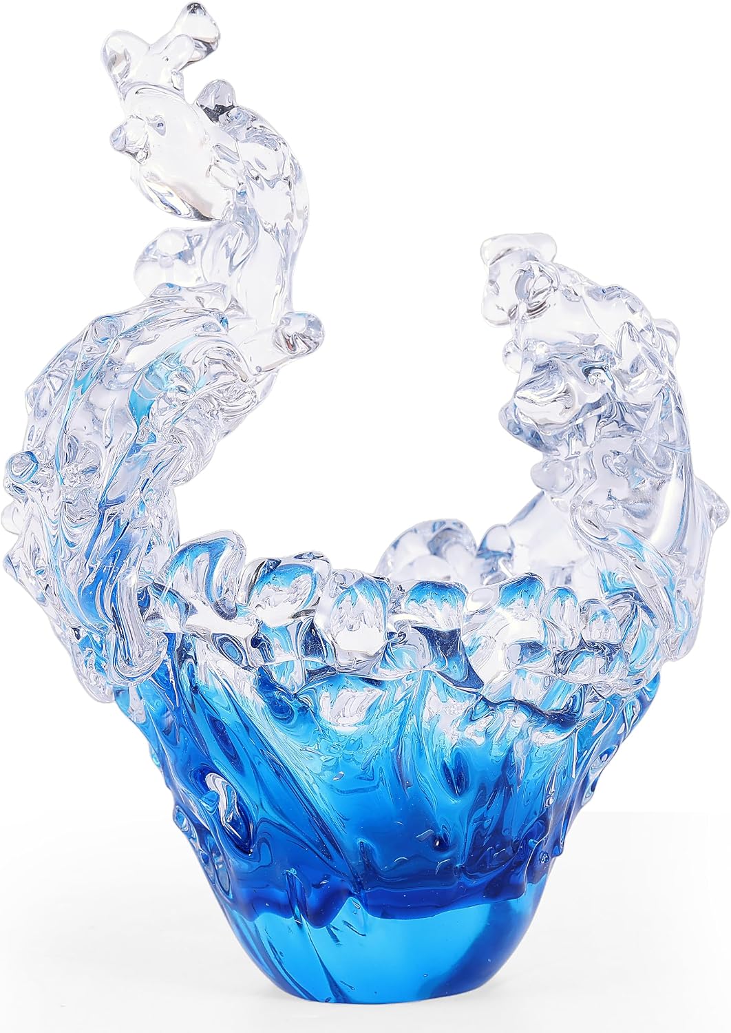 Hand-Blown Glass Wave Sculpture — Blue and Clear