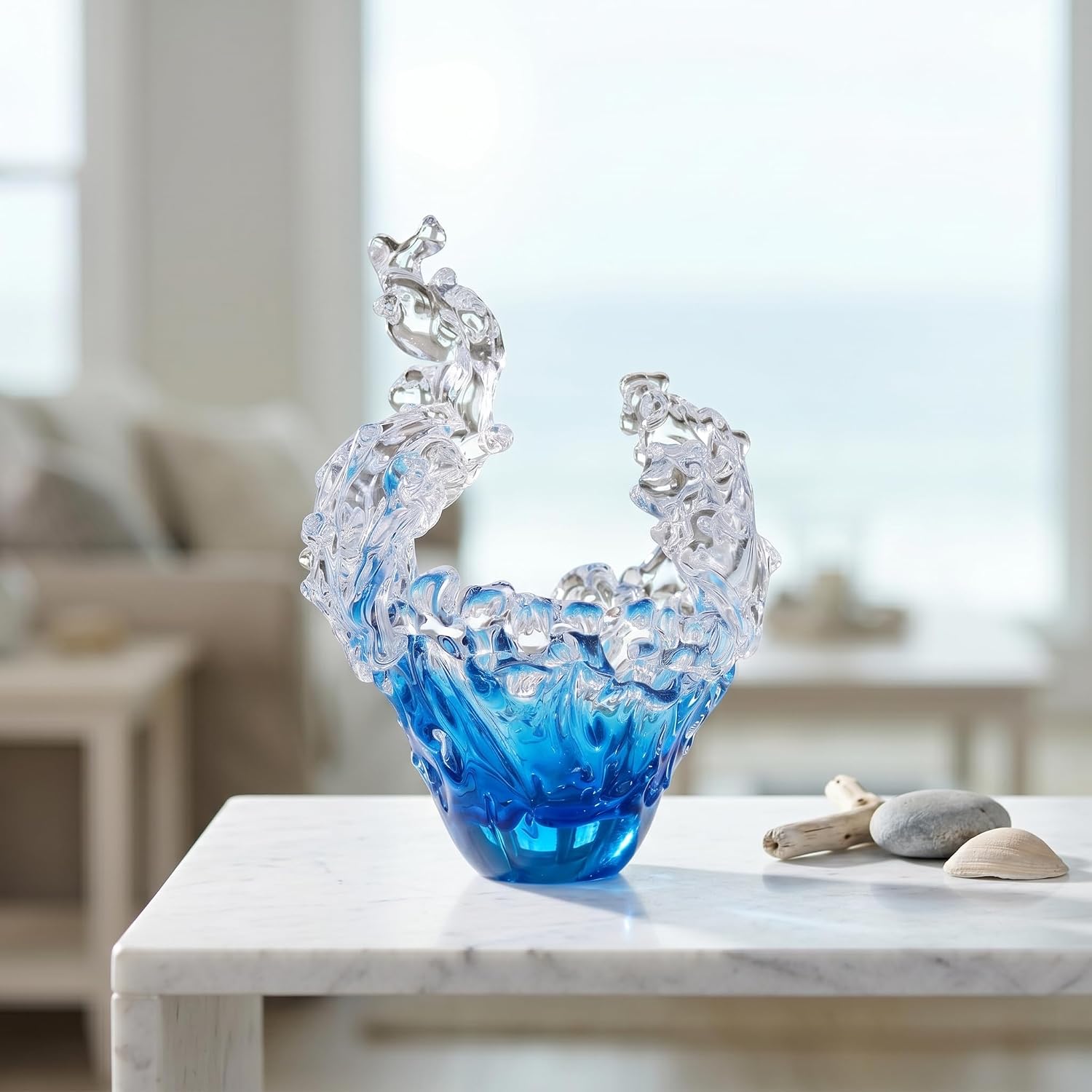 Hand-Blown Glass Wave Sculpture — Blue and Clear