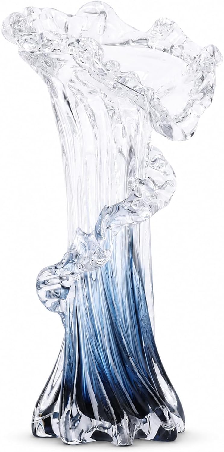 Blown Glass Vase — 12 in Tall, Blue Wave Form