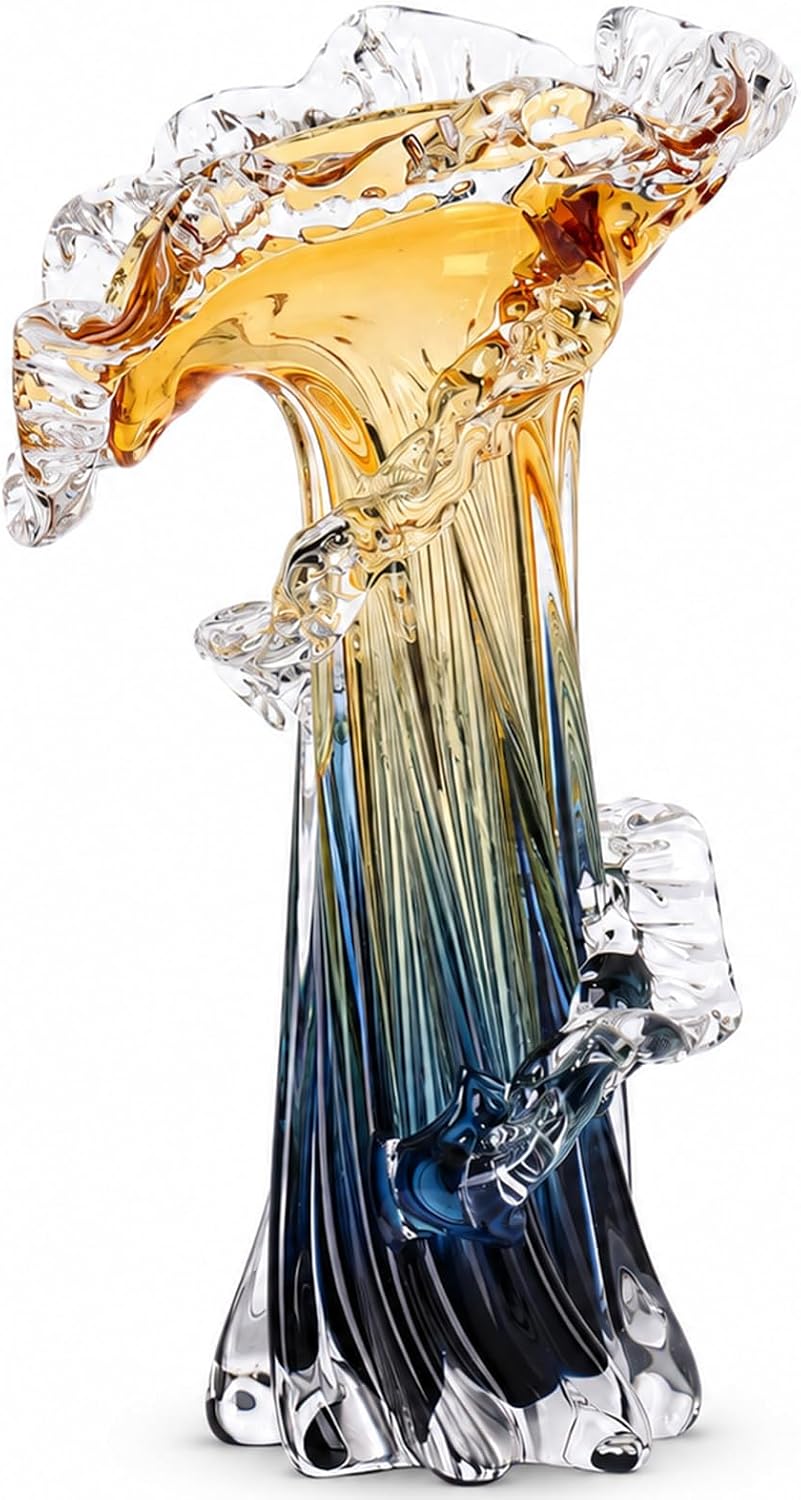 Blown Glass Vase — 12 in Tall, Blue Wave Form