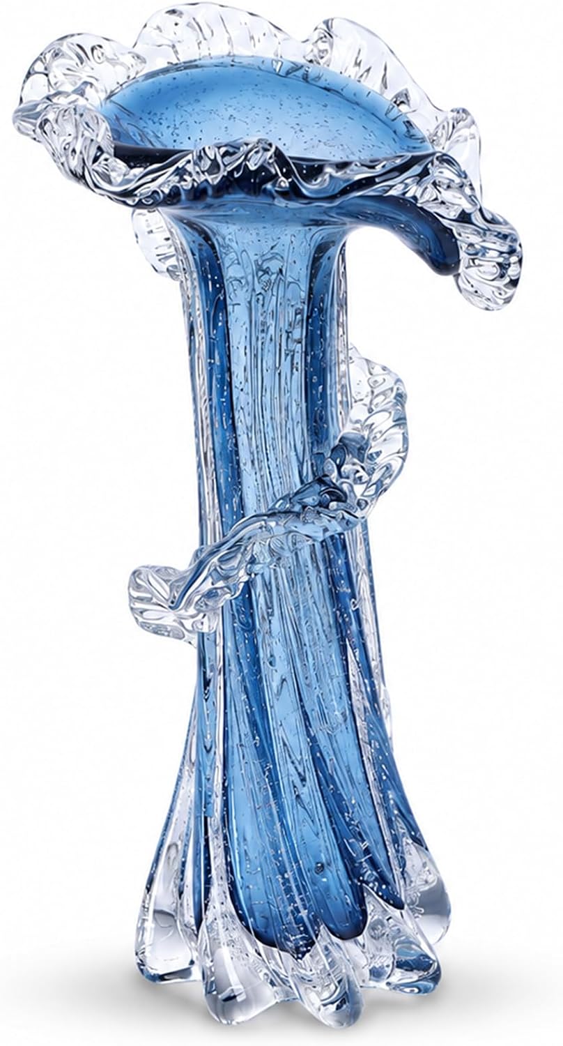 Blown Glass Vase — 12 in Tall, Blue Wave Form