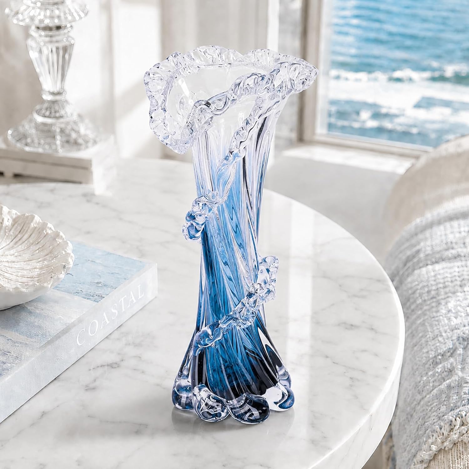 Blown Glass Vase — 12 in Tall, Blue Wave Form