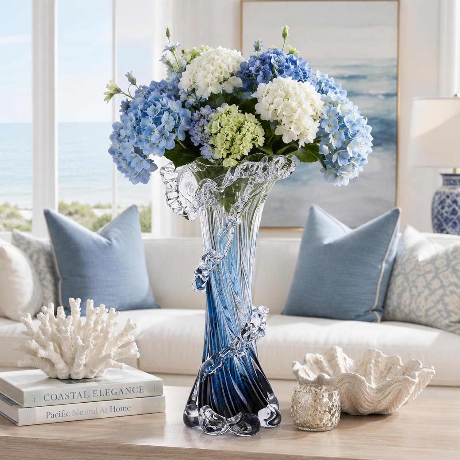 Blown Glass Vase — 12 in Tall, Blue Wave Form