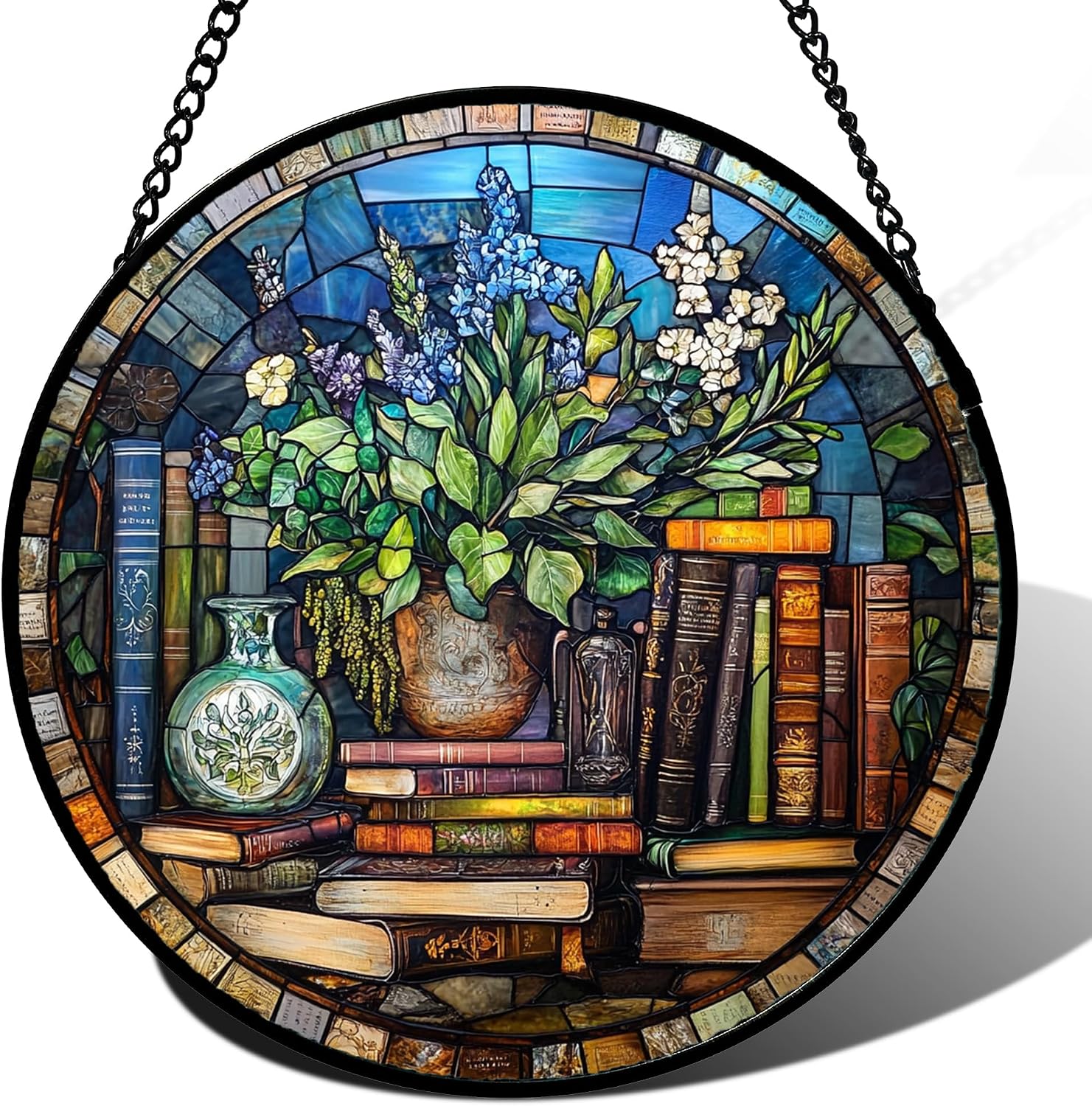 Stained Glass Suncatcher — Cactus with Flowers, 6.3 in