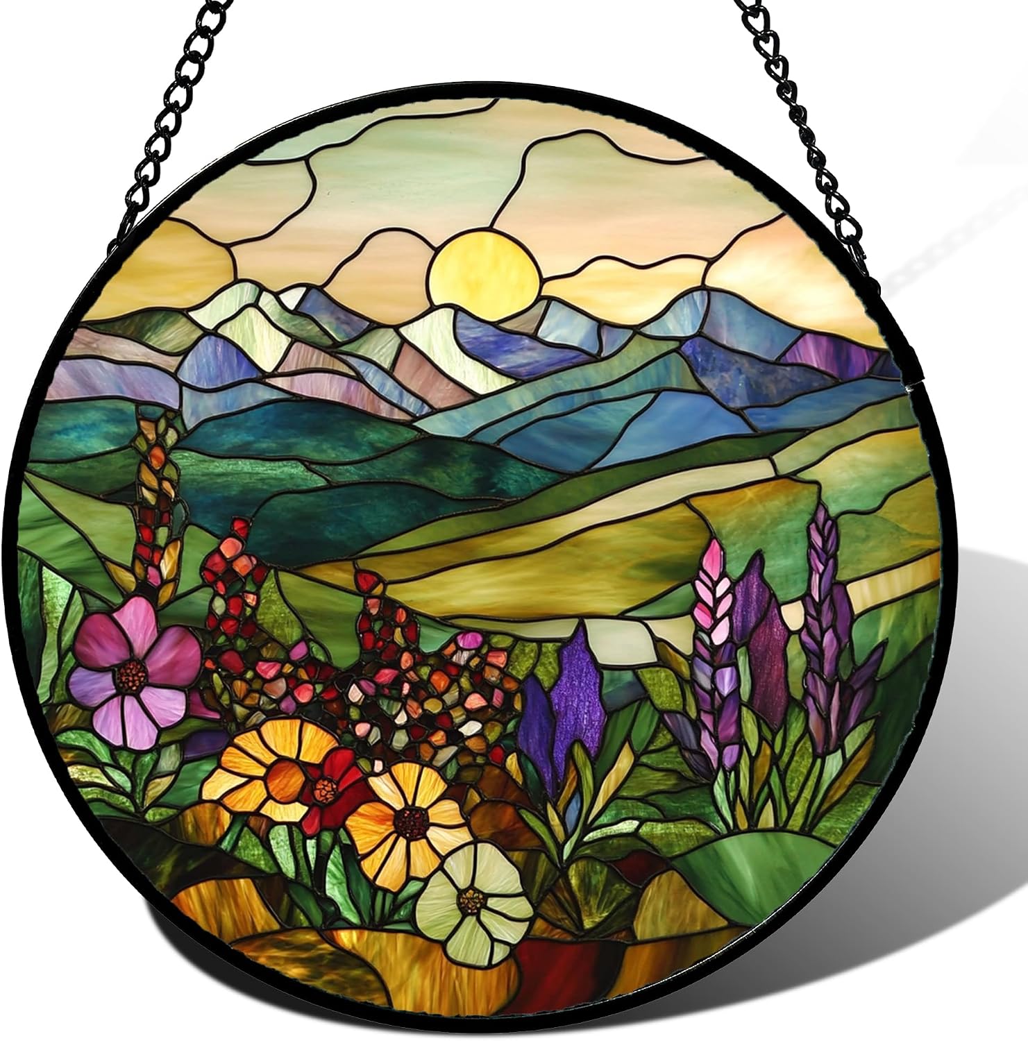 Stained Glass Suncatcher — Cactus with Flowers, 6.3 in