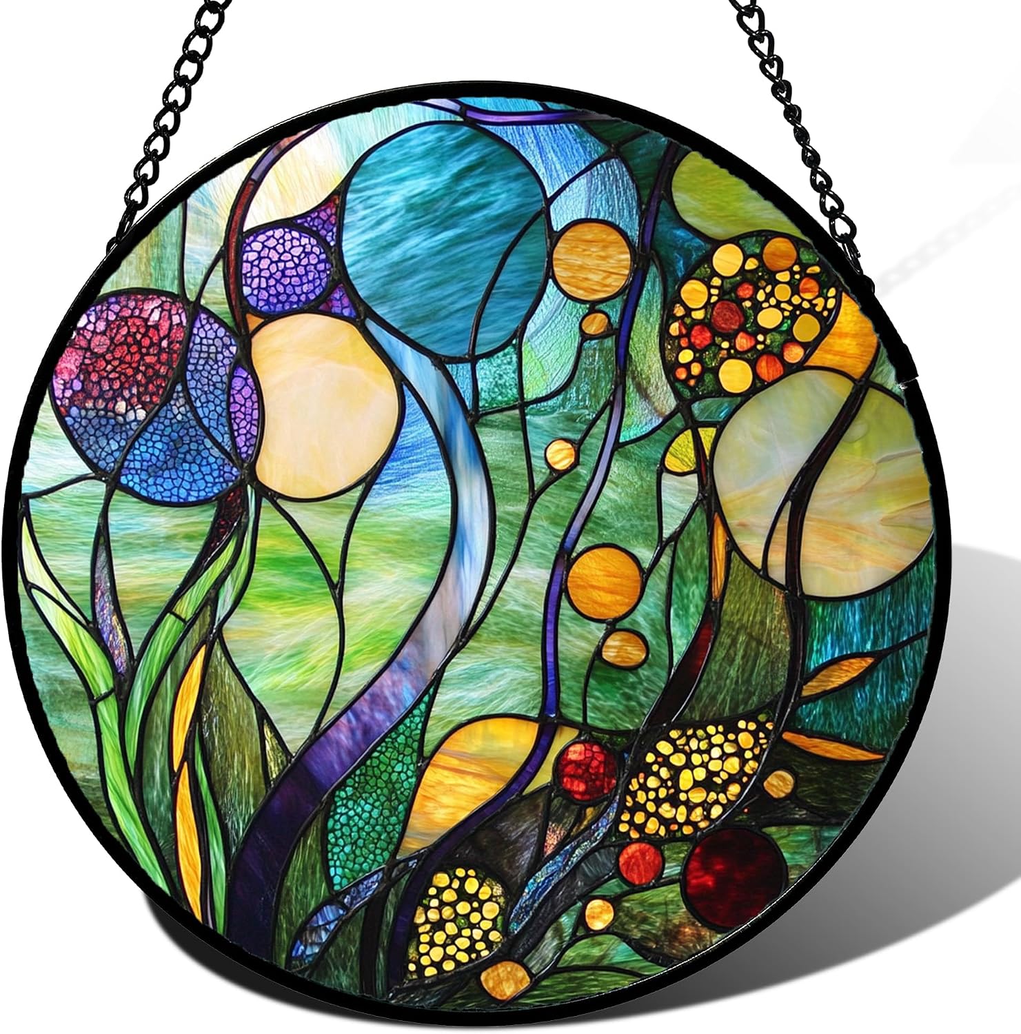 Stained Glass Suncatcher — Cactus with Flowers, 6.3 in