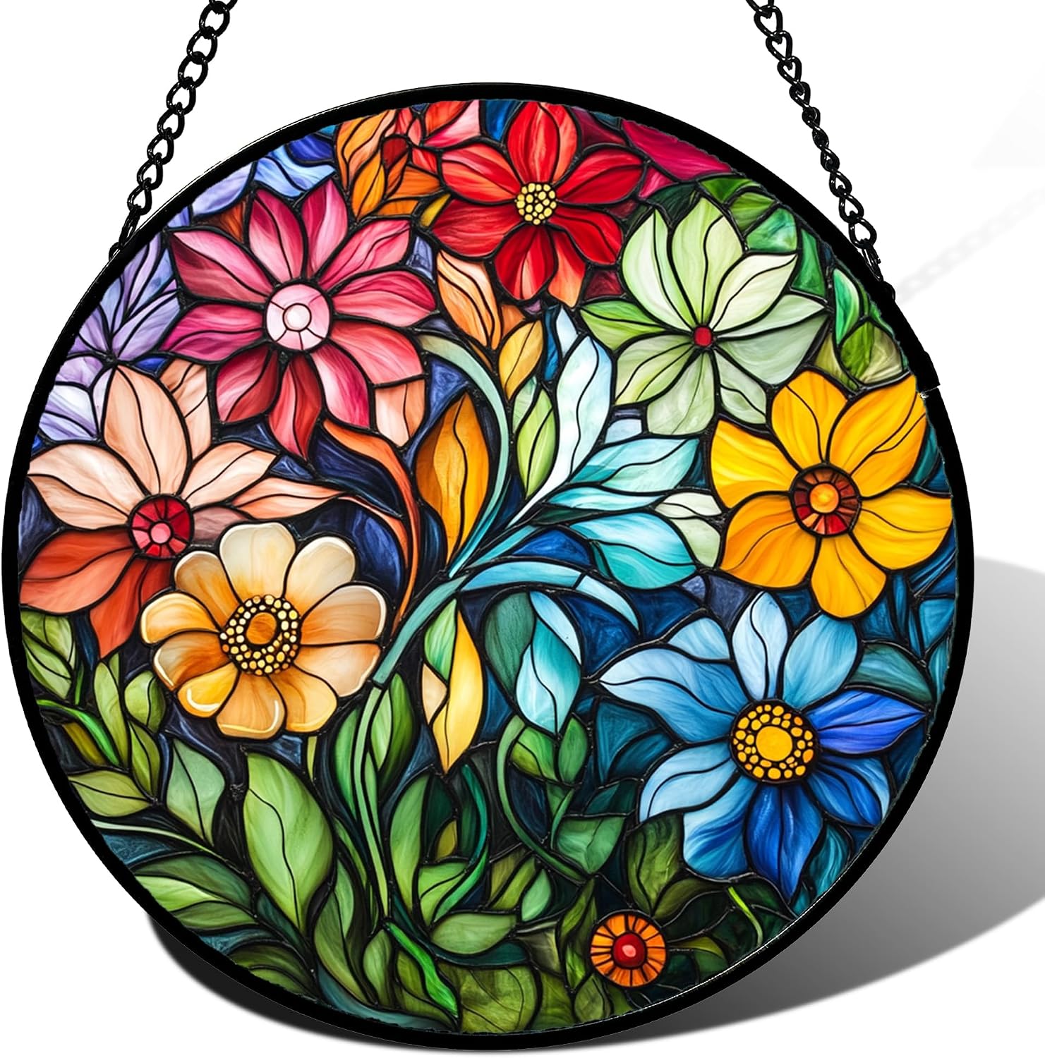 Stained Glass Suncatcher — Cactus with Flowers, 6.3 in
