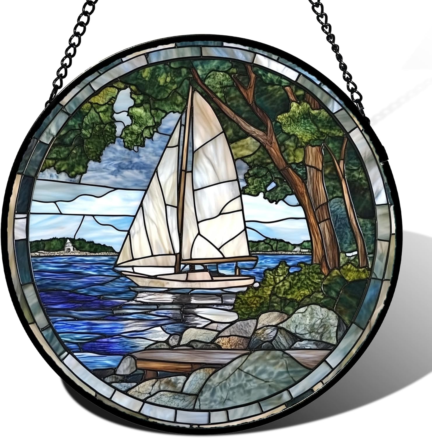 Stained Glass Suncatcher — Cactus with Flowers, 6.3 in