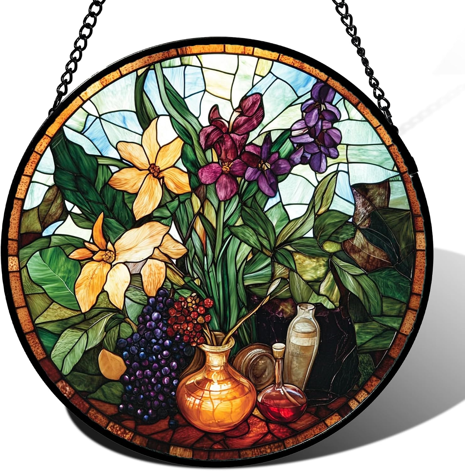 Stained Glass Suncatcher — Cactus with Flowers, 6.3 in