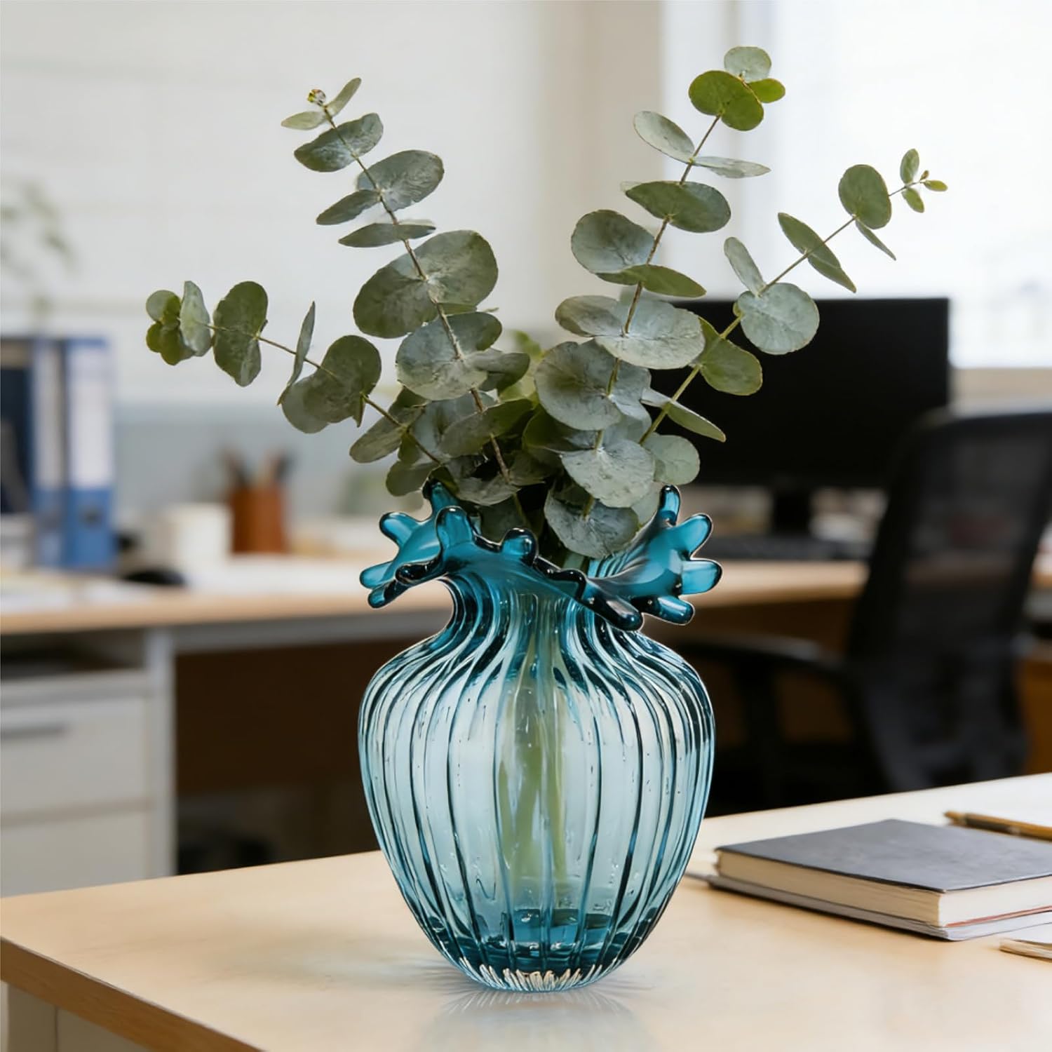 Bubble-Rim Blown Glass Vase — Blue