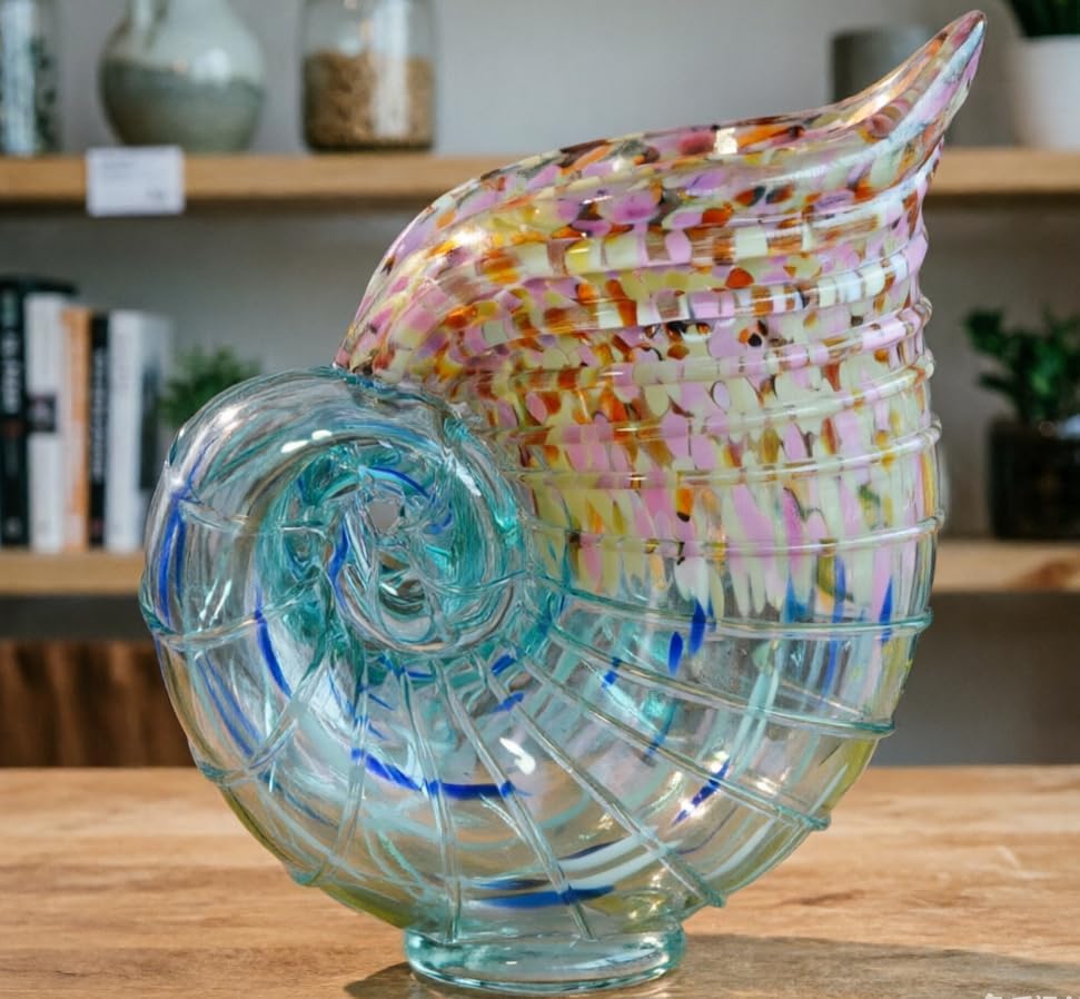 Conch-Shaped Hand-Blown Glass Vase — Clear