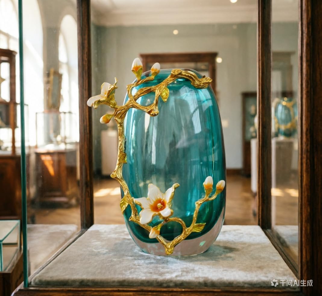 Hand-Painted Enamel Glass Vase — Floral Motif
