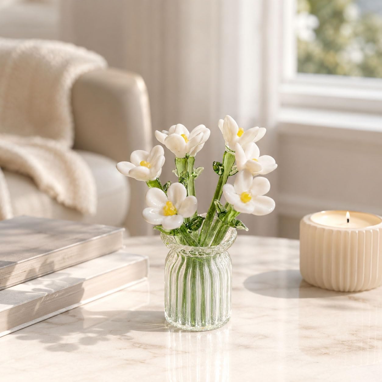 Glass Flower Bouquet with Vase — 7 Stems, White