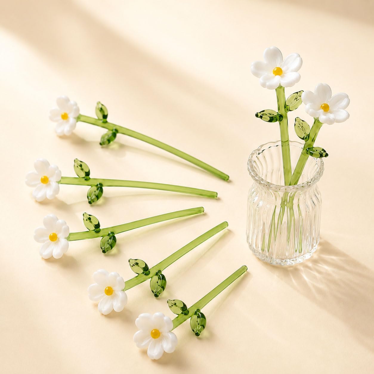 Glass Flower Bouquet with Vase — 7 Stems, White