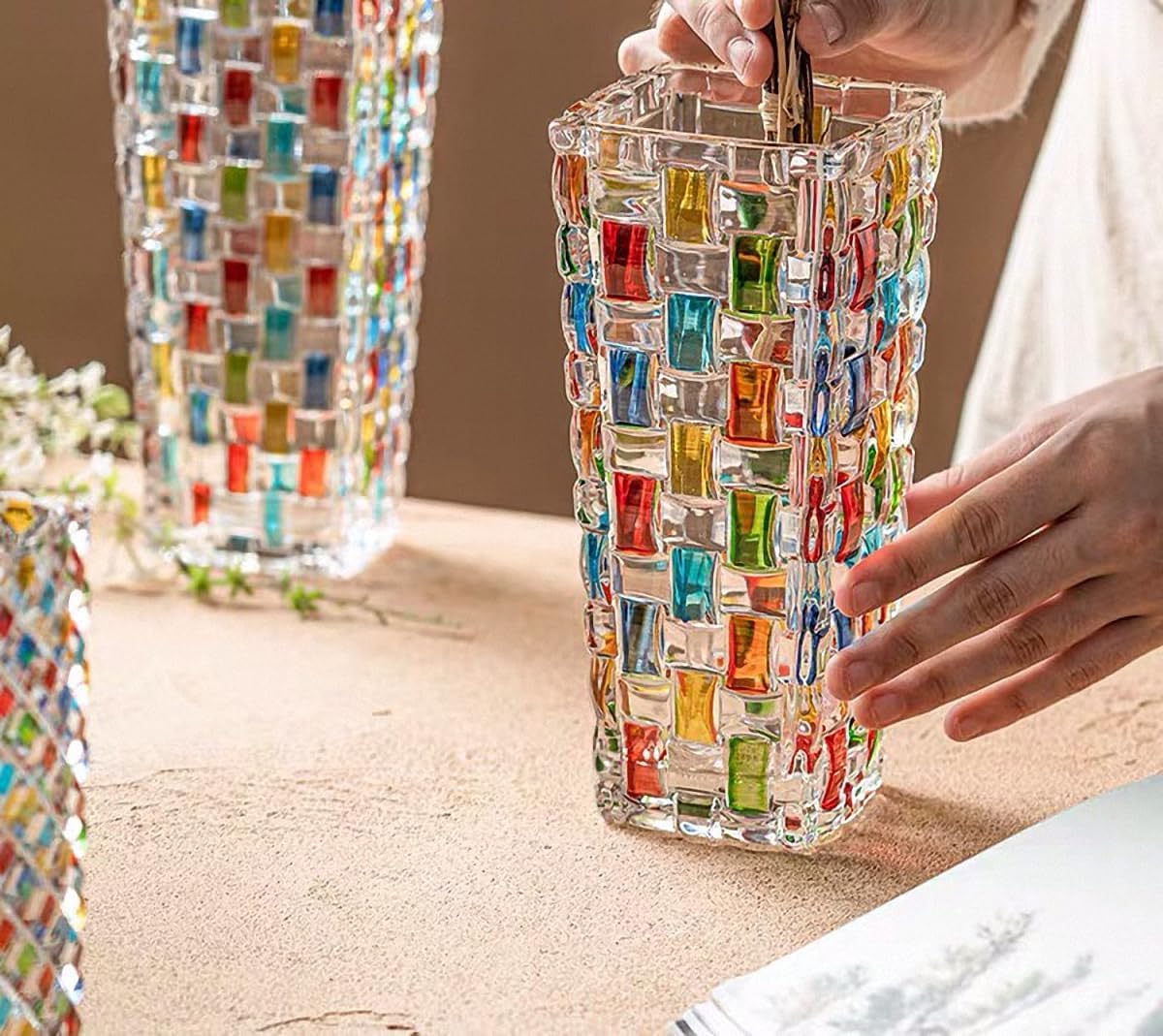 Hand-Painted Woven-Pattern Glass Vase — 7.7 in