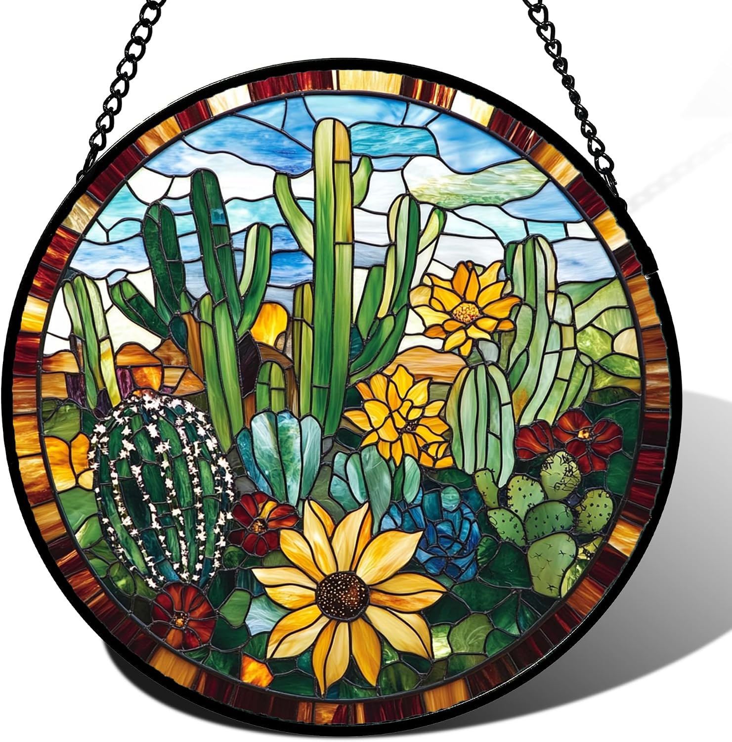 Stained Glass Suncatcher — Cactus with Flowers, 6.3 in