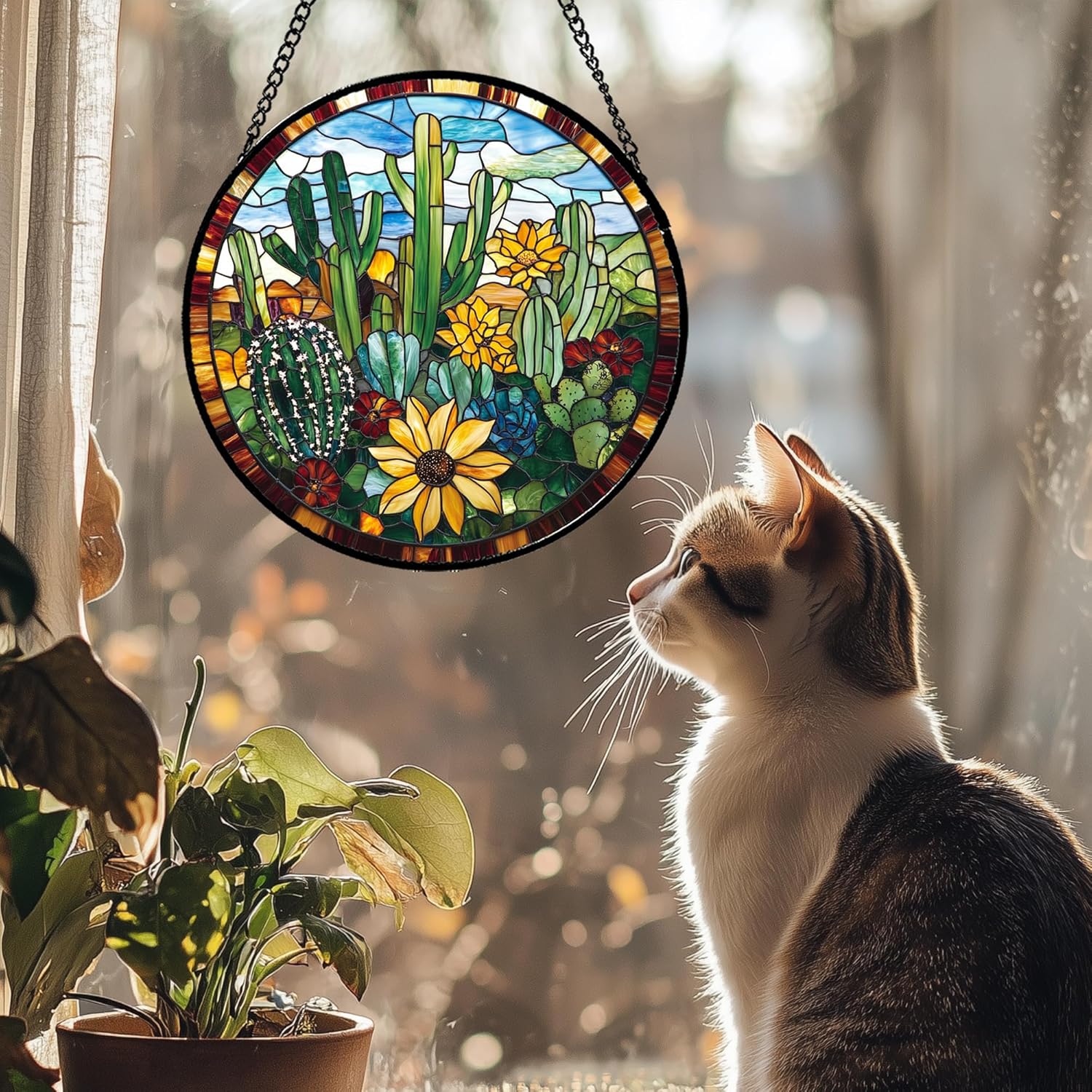 Stained Glass Suncatcher — Cactus with Flowers, 6.3 in