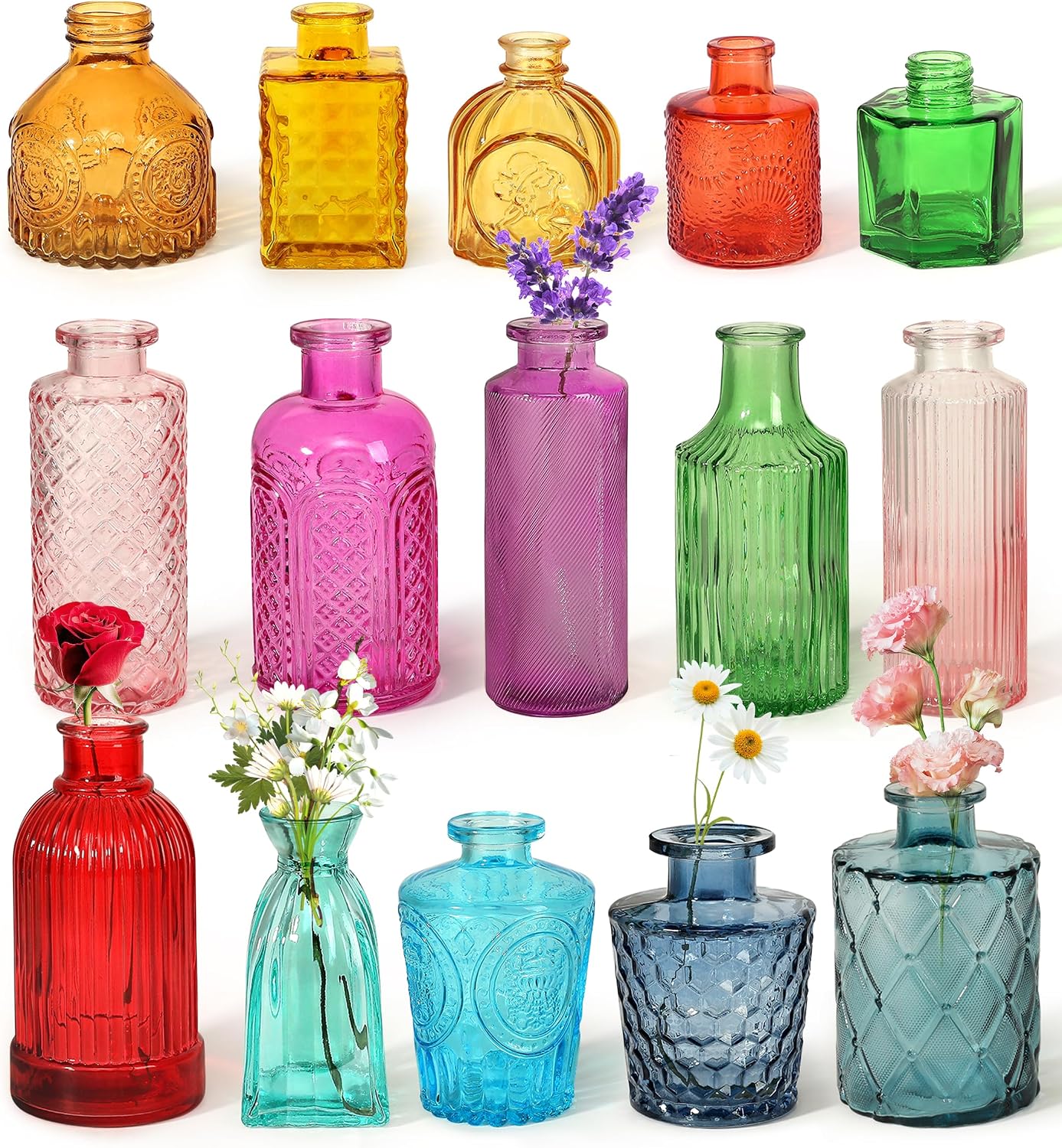 Textured Glass Bud Vases — Set of 15, Assorted Colours
