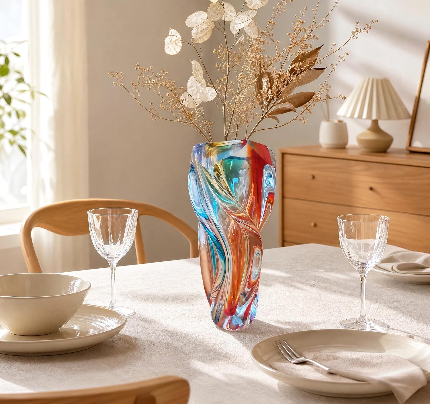 Twisted Swirl Art Glass Vase — 12 in Tall, Multicoloured